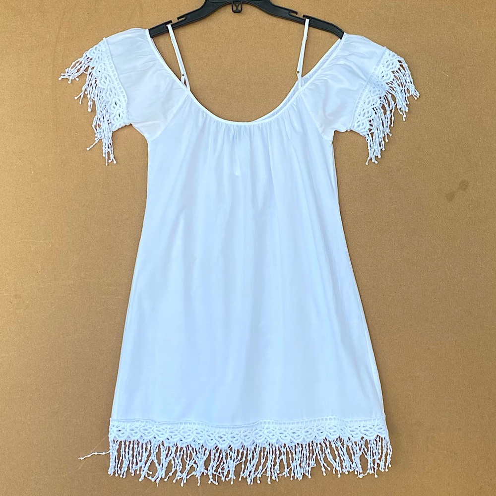 LAUNDRY By Design Off The Shoulder Beach Dress Fringe Embroidered Cotton Small